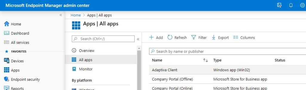 Adding the App to Intune from MEM admin center