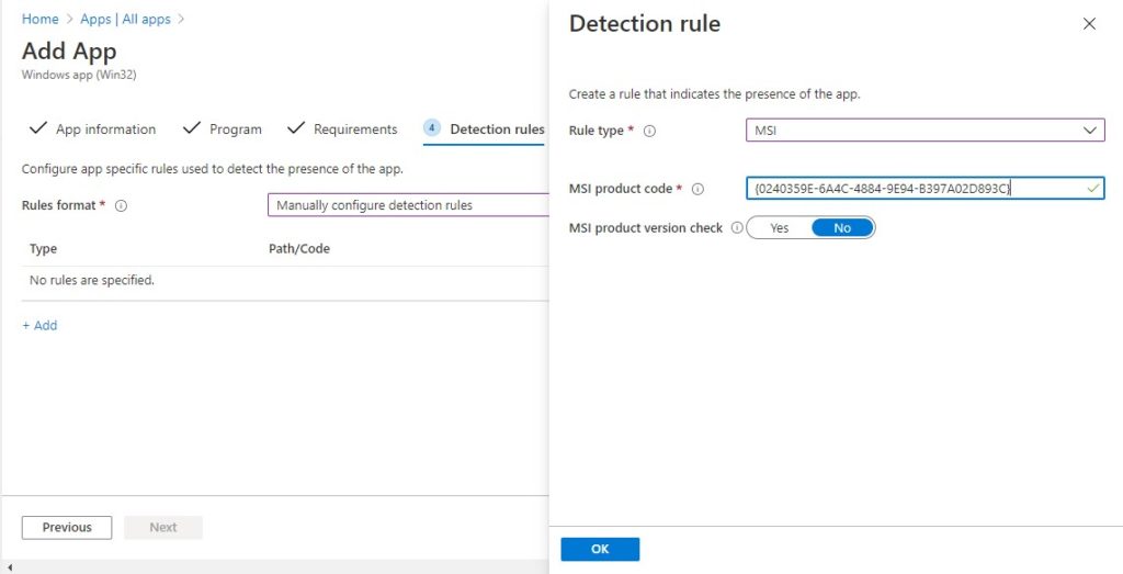 specify MSI, registry or file information