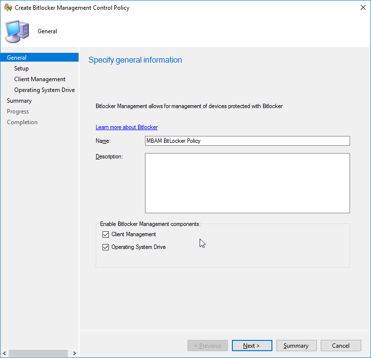 Screen grab of Create Bitlocker Management Control Policy.