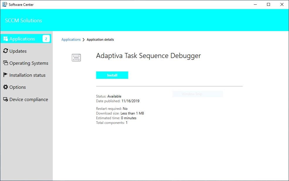 sccm task sequence debugger installation option