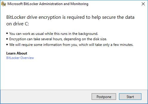 Screen grab of prompt to start encrytion via the MBAM pop-up window.