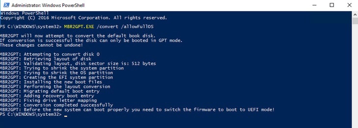conversion tool for mbr2gpt within a Windows session