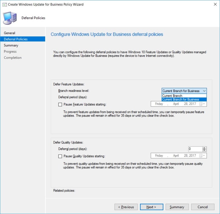 Dialogue window to create and deploy Windows for Business Policies.
