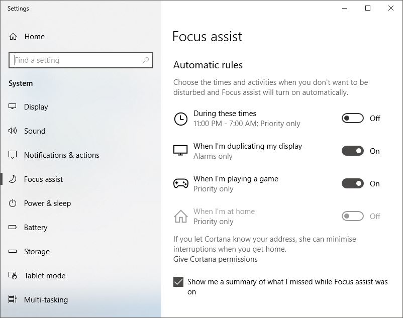 Focus Assist area in Settings>System.