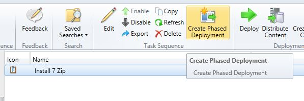 Screen grab showing location of Create Phased Deployment button in the ribbon area.