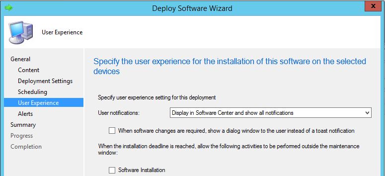 Screen grab of Deploy Software wizard to setup notifications.