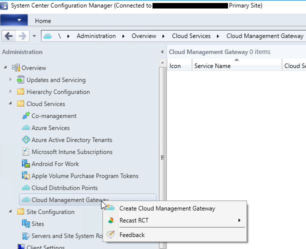 Screen grab of dashboard to deploying the cloud management gateway