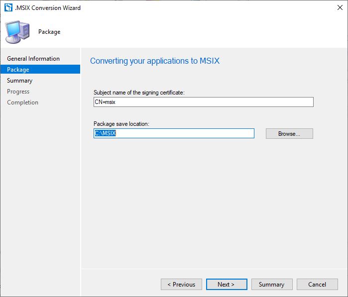 screen grab showing you to enter the location to save the MSIX file